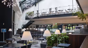Moderne innendørs kafé med romslig mesanin. Plassen har glassvegger og tak, svarte bord og stoler og hvite hengende lys. En rekke lamper er plassert ved en grønn planteskiller, og skaper en koselig atmosfære.