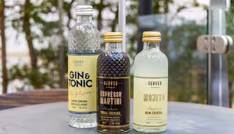 Tre flaskecocktailer vises på et grått bord utendørs: en klar flaske «Gin & Tonic», en mørk flaske «Espresso Martini» og en lysegrønn flaske «Mojito». Uskarpt grønt er synlig i bakgrunnen.