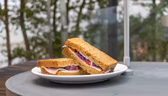 En tallerken med to sandwich-halvdeler står på et rundt bord. Smørbrødene inneholder kalkunskiver, salat og lilla kål, lagt mellom hele kornbrød. Bakgrunnen har uskarpt grønt og en metallstang.