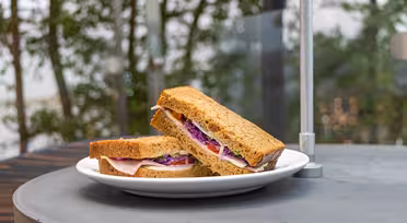 En tallerken med to sandwich-halvdeler står på et rundt bord. Smørbrødene inneholder kalkunskiver, salat og lilla kål, lagt mellom hele kornbrød. Bakgrunnen har uskarpt grønt og en metallstang.