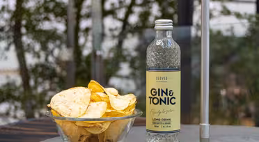 En glassbolle fylt med potetgull står ved siden av en flaske gin og tonic på et grått bord. Bakgrunnen har ufokuserte grøntområder.