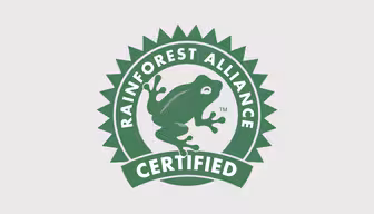 Grønn segl med froskelogo. Teksten rundt lyder "Rainforest Alliance Certified.
