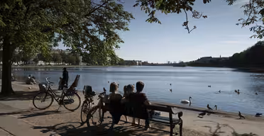 Folk sitter på en benk ved en innsjø og nyter utsikten. Sykler er parkert i nærheten, og flere svaner og ender er på vannet. Scenen er innrammet av trær med en klar blå himmel over.